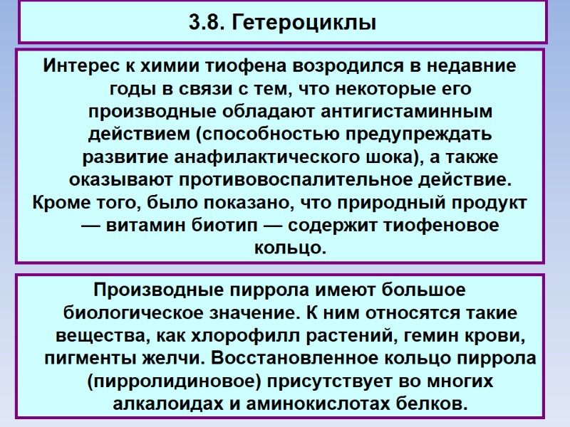 3.8. Гетероциклы Интерес к химии тиофена возродился в недавние годы в связи с тем,